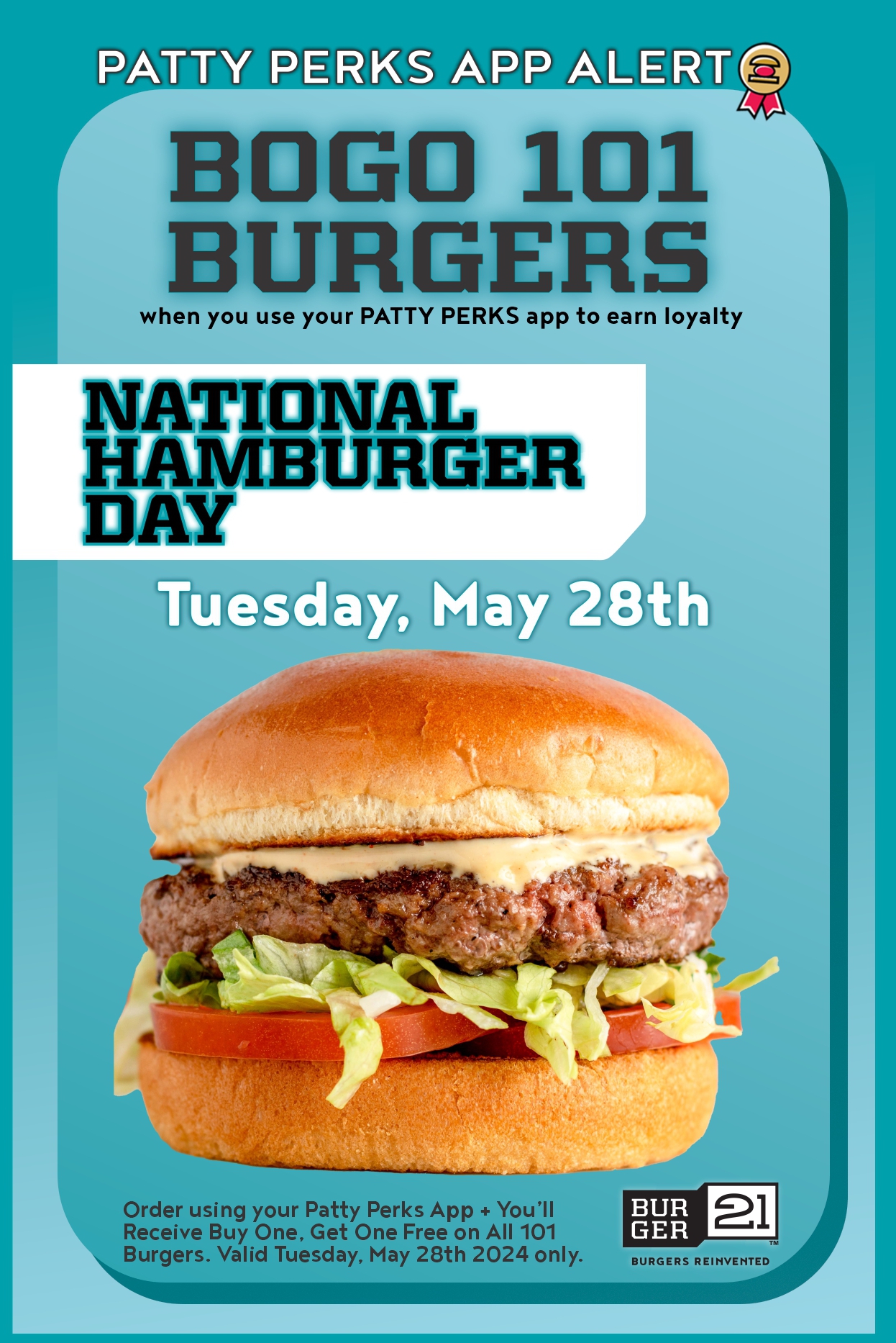 BOGO #101 burgers on National Hamburger Day 