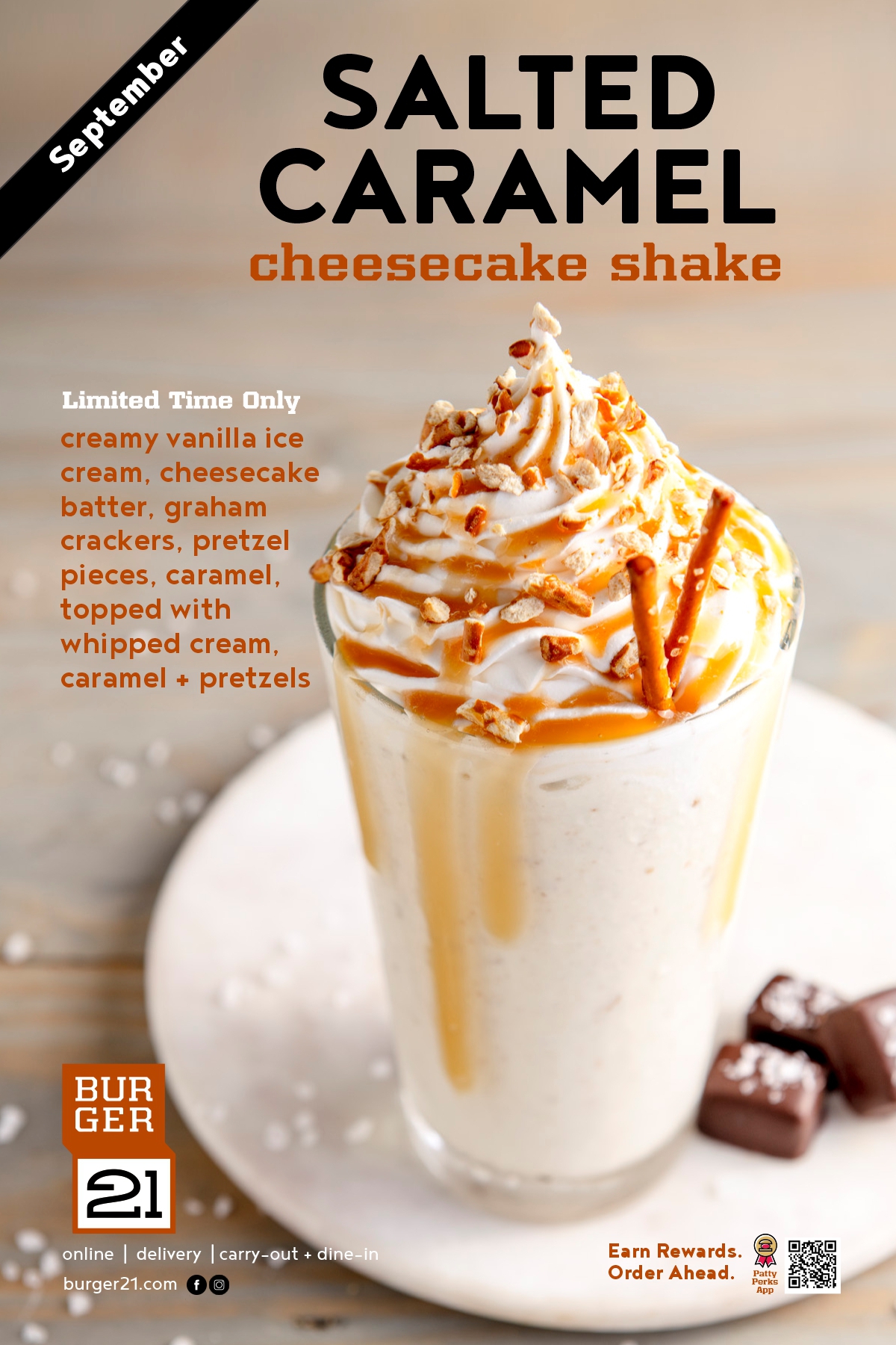 creamy vanilla ice 
cream, cheesecake
batter, graham 
crackers, pretzel
pieces, caramel, 
topped with
whipped cream, 
caramel + pretzels