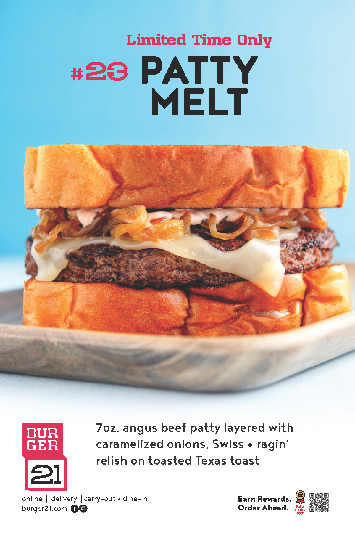angus beef patty layered with caramelized onions, Swiss + ragin' relish on toasted Texas toast 