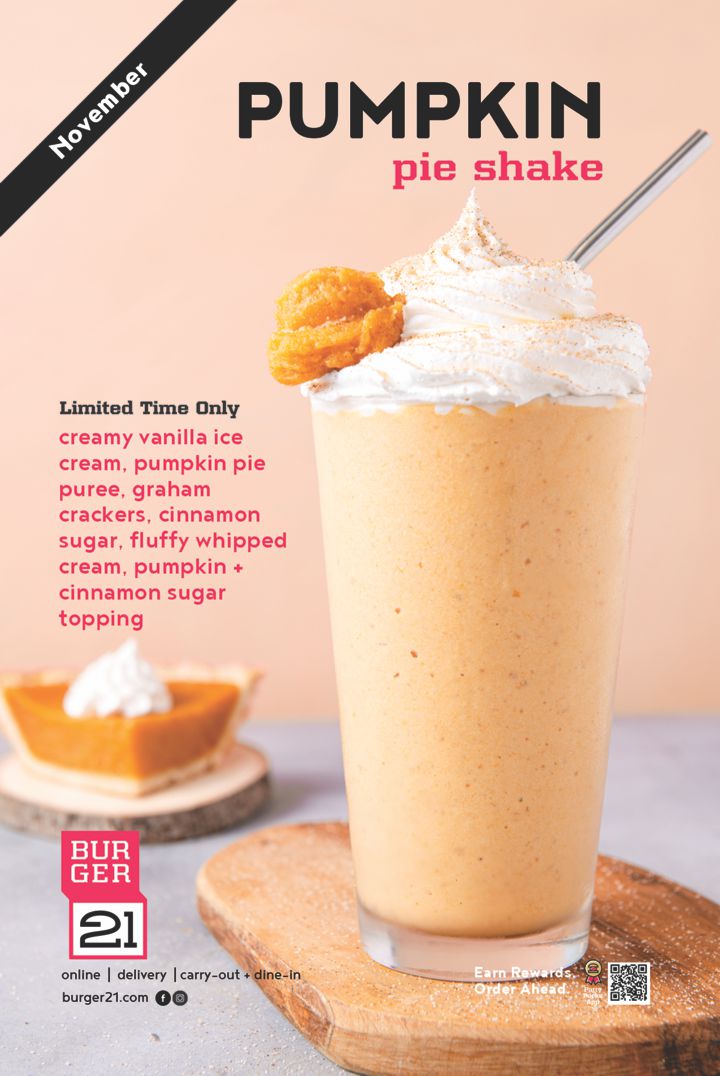creamy vanilla ice cream, pumpkin pie puree, graham crackers, cinnamon sugar, fluffy whipped cream, pumpkin + cinnamon sugar topping